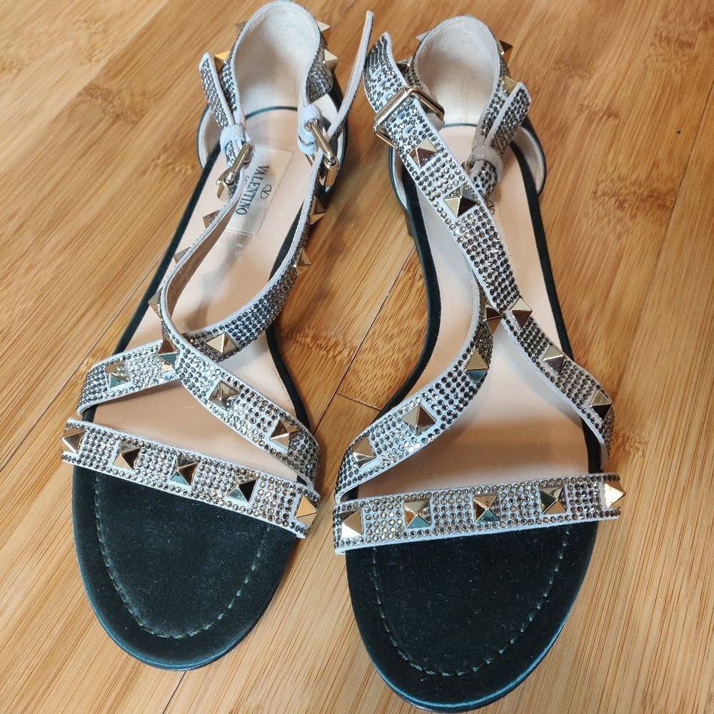 New Valentino Rockstud Dark Green Satin Sandals 37 - Picture 2 of 4